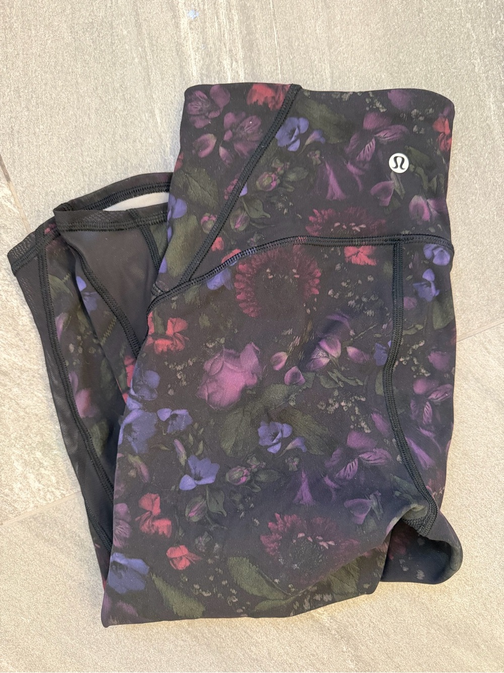 lululemon Black Leggings with Purple & Pink Floral Accents